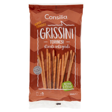 Consilia Grissini Torinesi con Olio d'Oliva Stirati Integrali in Confezioni Salvafreschezza 5x50 g