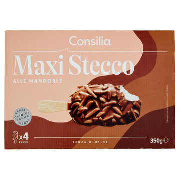Consilia 4 Maxistecchi di Gelato Vaniglia Ricoperti Cioccolato al Latte e Mandorle 350 g