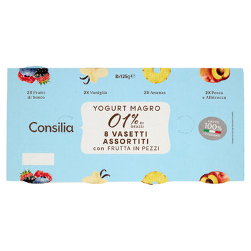 Consilia Yogurt Magro 0,1% ai Gusti Ass.: Fr. di Bosco, Pesca/Albic, Prugne/Cereali, Ananas 8x125 g