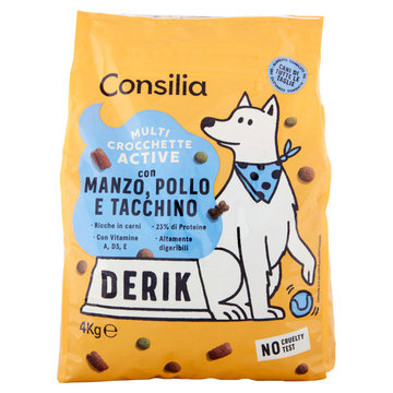 Consilia Derik Cane Multi Crocchette Active con Manzo, Pollo e Tacchino 4 kg